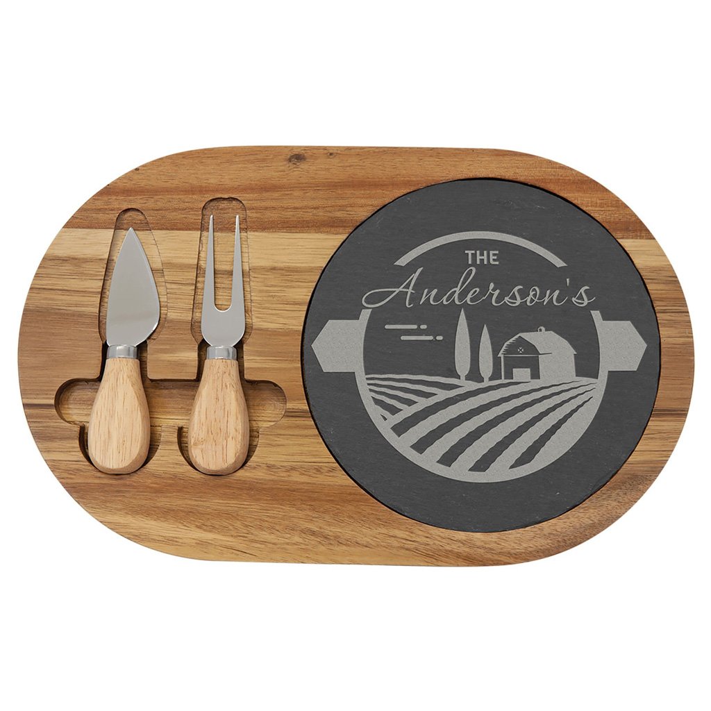 Acacia Wood/Slate Oval Cheese Set